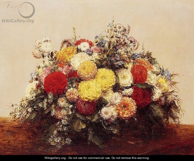 Large Vase of Dahlias and Assorted Flowers - Ignace Henri Jean Fantin-Latour
