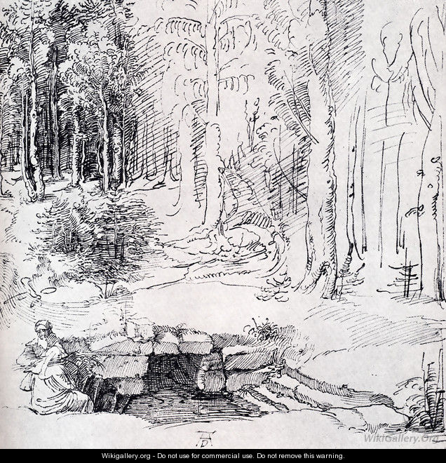 Forest Glade With A Walled Fountain By Which Two Men Are Sitting (or St. Anthony And St. Paul, Identified By The Flying Raven) - Albrecht Durer