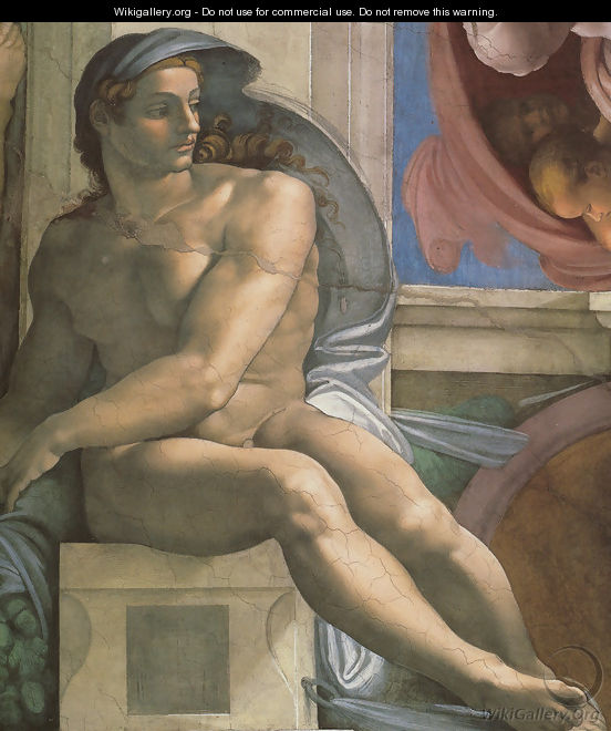 Ceiling of the Sistine Chapel: Ignudi, next to Separation of Land and the Persian Sybil [left] - Michelangelo Buonarroti