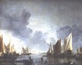 A calm, with a dignitary heralded in a state barge and fishermen in the foreground - Jan Van De Capelle