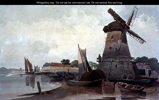 View on the Thames, with Windmill and Boats - Charles Calvert
