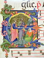 Ms 572 f.107 r Historiated initial 'E' depicting St. John the Baptist introducing Christ to two disciples, from an antiphone - Don Simone Camaldolese