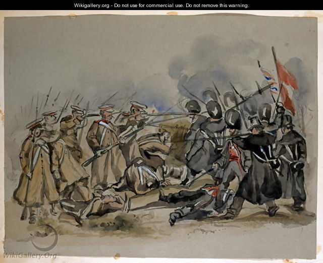 A conflict between Guards and Russian Troops during the Crimean War, from an album of paintings and sketches known as 