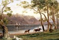 River landscape with barge horses, 1860 - Frederick Lee Bridell