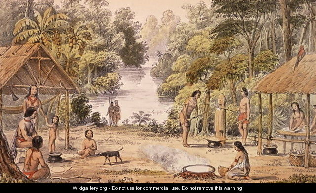 A Settlement on the Upper Pomeroon, Sambura, Guiana- Caribs Crushing Sugar Cane and Making Cassava Bread, from `Indian Tribes of Guiana