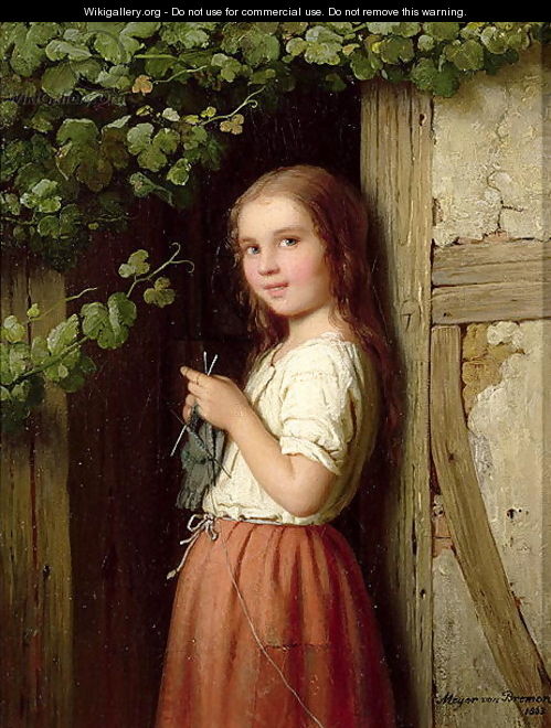 Young Girl Standing in a Doorway Knitting, 1863 - Meyer Georg von Bremen