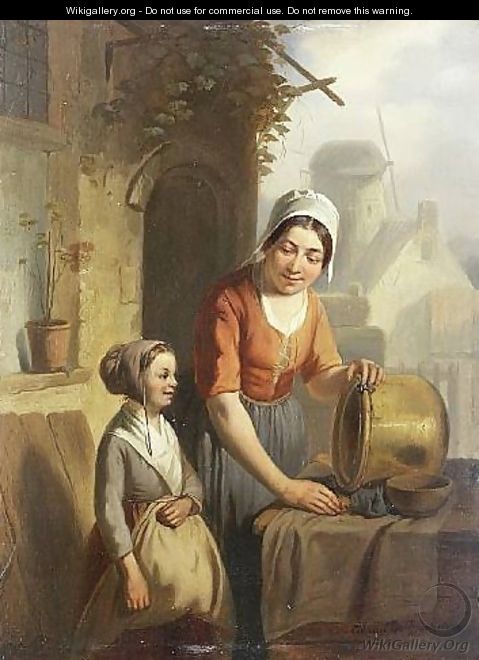 Mutter und Tochter beim Putzen eines Kessels 1860 - Adrien Ferdinand de Braekeleer