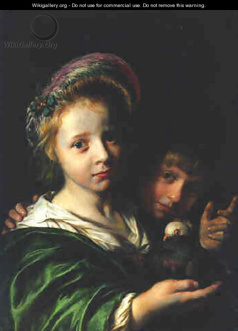 A girl holding a pigeon and a boy gesturing 1652 - Jan De Bray