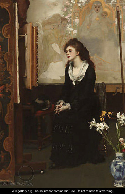 A Young Woman Views a Painting on an Easel in Front of a Cartoon - Karl Gussow