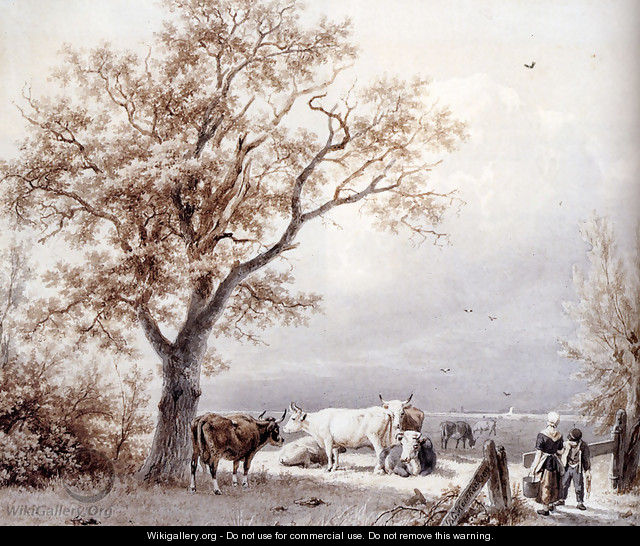 Cows In A Sunlit Meadow - Barend Cornelis Koekkoek