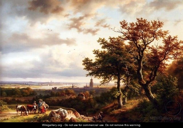 A Panoramic Rhenish Landscape With Peasants Conversing On A Track In The Morning Sun - Barend Cornelis Koekkoek