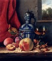 Still Life with Peaches, Whitecurrants, Hazelnuts, a Glass and a Stoneware Jug on a wooden Ledge with a Landscape beyond - Edward Ladell