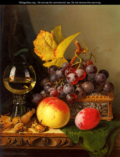 A Still Life of Black Grapes, a Peach, a Plum, Hazelnuts, a Metal Casket and a Wine Glass on a Carved Wooden Ledge - Edward Ladell