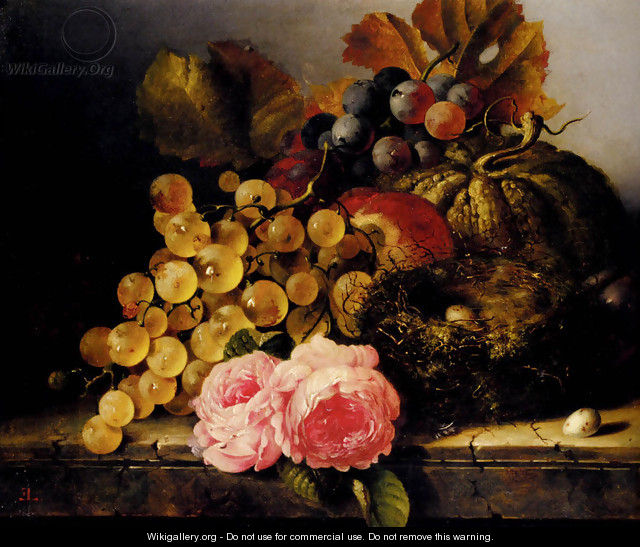 Still Life With A Birds Nest, Roses, A Melon And Grapes - Edward Ladell