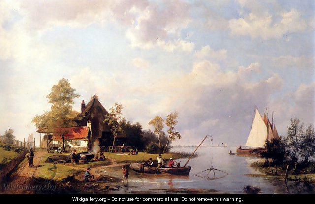 A River Landscape With A Ferry And Figures Mending A Boat - Johannes Hermanus Koekkoek Snr