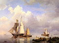 Vessels at Anchor in an Estuary with Fisherman hauling up their rowing boat in the Foreground - Johannes Hermanus Koekkoek Snr