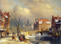 Winter Villagers on a Snowy Street by a Canal - Charles Henri Joseph Leickert