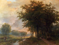 A Wooded River Valley With Peasants On A Path, Cattle In A Meadow Beyond - Johann Bernard Klombeck