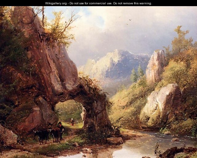 A Mountain Valley With A Peasant And Cattle Passing Along A Stream - Johann Bernard Klombeck