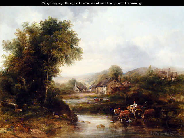 An Extensive River Landscape With A Drover In A Cart With His Cattle - Frederick Waters Watts
