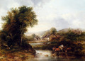 An Extensive River Landscape With A Drover In A Cart With His Cattle - Frederick Waters Watts