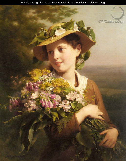 A Young Beauty holding a Bouquet of Flowers - Fritz Zuber-Buhler