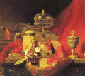 A Still Life With Iris And Urns On A Red Tapestry - Blaise Alexandre Desgoffe