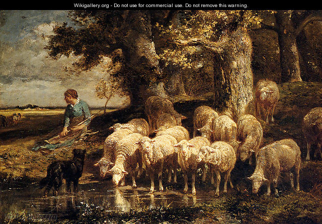 A Shepherdess With Her Flock - Charles Émile Jacque