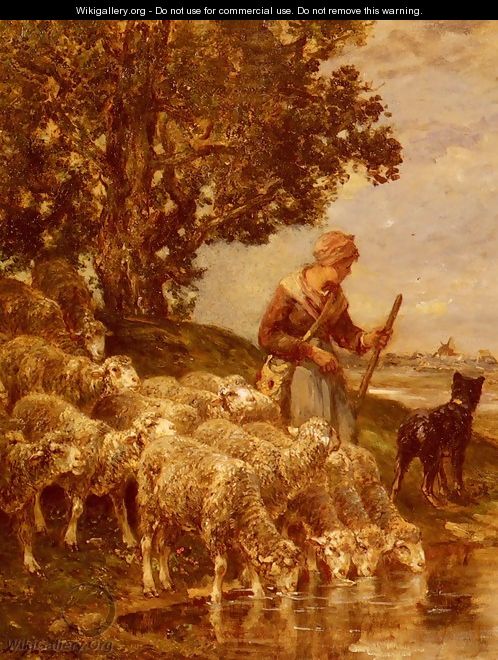 A Shepherdess Watering Her Flock - Charles Émile Jacque