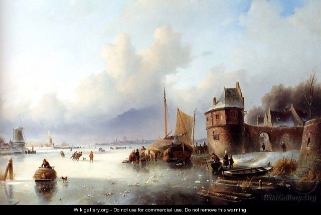 A Winter Landscape With Numerous Skaters On A Frozen Waterway, Dordrecht In The Distance - Jan Jacob Coenraad Spohler