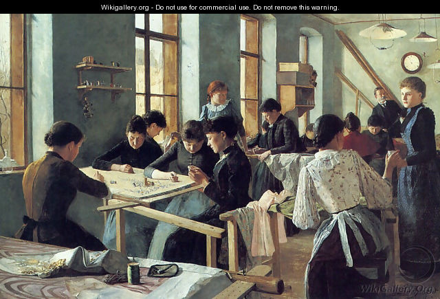 Ladies embroidering in a workshop - Heinrich Strehblow