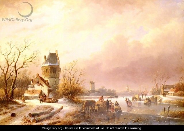Skaters On A Frozen River - Andreas Schelfhout