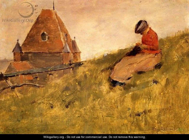 On the Cliff: A Girl Sewing - Theodore Robinson