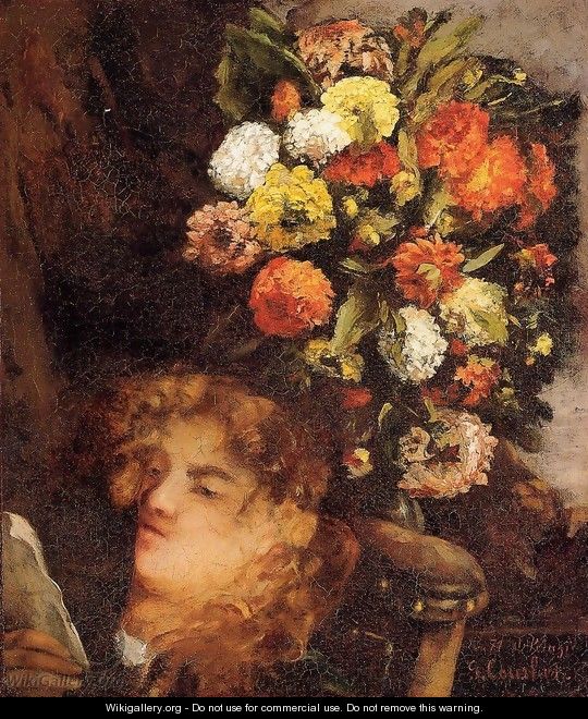 Head Of A Woman With Flowers - Gustave Courbet