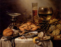 Banquet Still Life With A Crab On A Silver Platter, A Bunch Of Grapes, A Bowl Of Olives, And A Peeled Lemon All Resting On A Draped Table - Pieter Claesz.