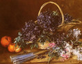 A Still Life with a Basket of Flowers, Oranges and a Fan on a Table - Antoine Vollon