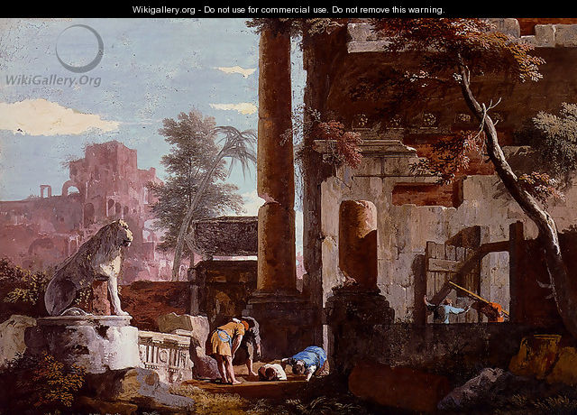 An Architectural Capriccio With Figures, A Man Drinking From A Fountain - Marco Ricci