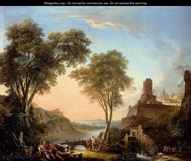 Figures Resting On The Banks Of A River, A Bridge In The Distance - Nicolas-Jacques Juliard
