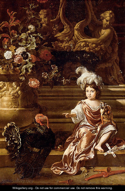 A Boy Seated On A Terrace With His Pet Monkey And a Turkey, A Still Life Of Flowers In A Sculpted Urn At Left - Jan Weenix