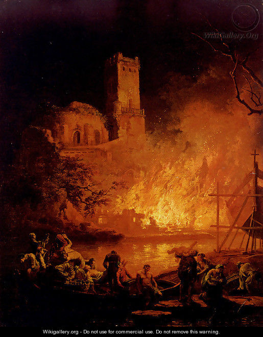 A River Landscape With Figures Fleeing A Burning City - Pierre-Jacques Volaire