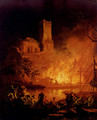 A River Landscape With Figures Fleeing A Burning City - Pierre-Jacques Volaire