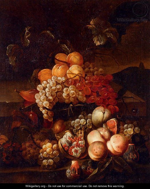 Still Life Of Grapes, Peaches, And Figs With A Landscape Beyond - Jakab Bogdany