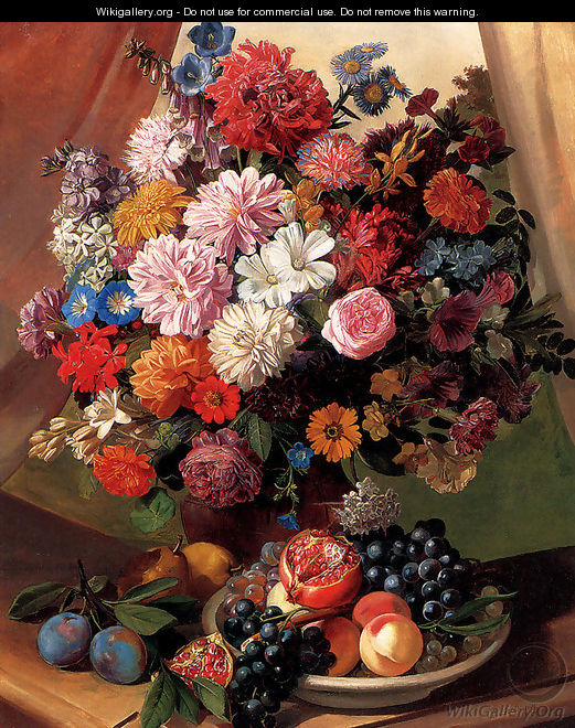 Roses, Morning Glory,Carnations, Peonies and Michaelmas Daisies in a Vase with Peaches, Grapes and a Pomegranate in a Bowl and Pears and Plums on a stone Ledge - Leopold van Stoll