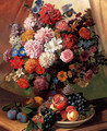 Roses, Morning Glory,Carnations, Peonies and Michaelmas Daisies in a Vase with Peaches, Grapes and a Pomegranate in a Bowl and Pears and Plums on a stone Ledge - Leopold van Stoll