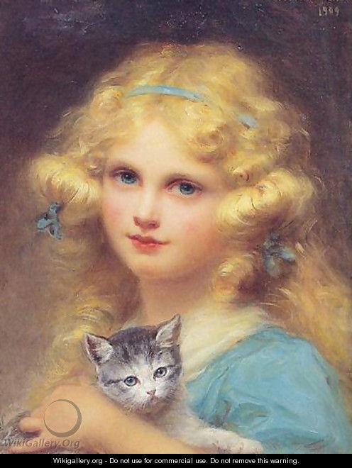 Portrait of a young girl holding a kitten - Edouard Cabane