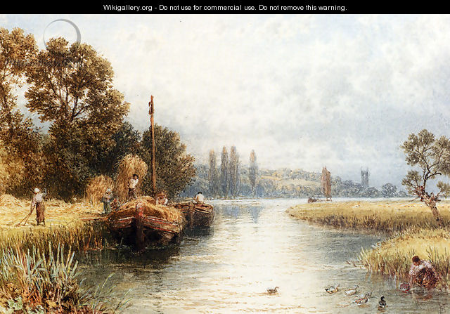 Loading The Hay Barges, With A Young Woman Taking Water From The River In The Foreground - Myles Birket Foster