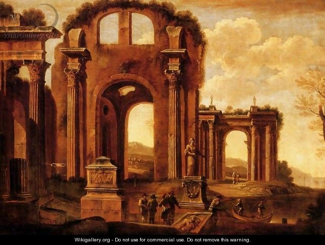 An architectural capriccio with figures by a statue and a fountain - Giovanni Ghisolfi
