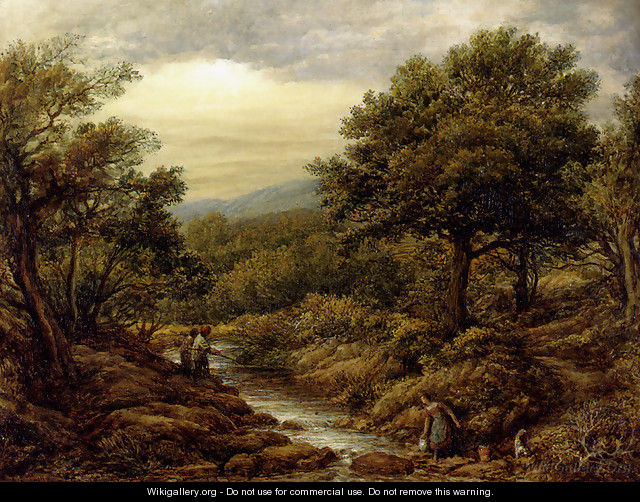 A River Landscape, With Two Boys Fishing And A Girl Fetching Water - John Linnell