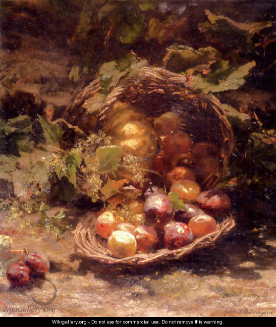 A Wicker Basket Of Plums, Apricots And A Pumpkin In An Autumnal Landscape - Geraldine Jacoba Van De Sande Bakhuyzen