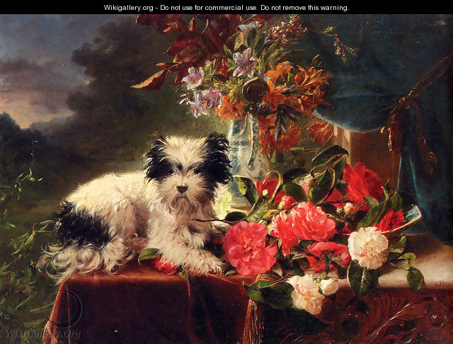 Camellias And A Terrier On A Console - Adriana-Johanna Haanen